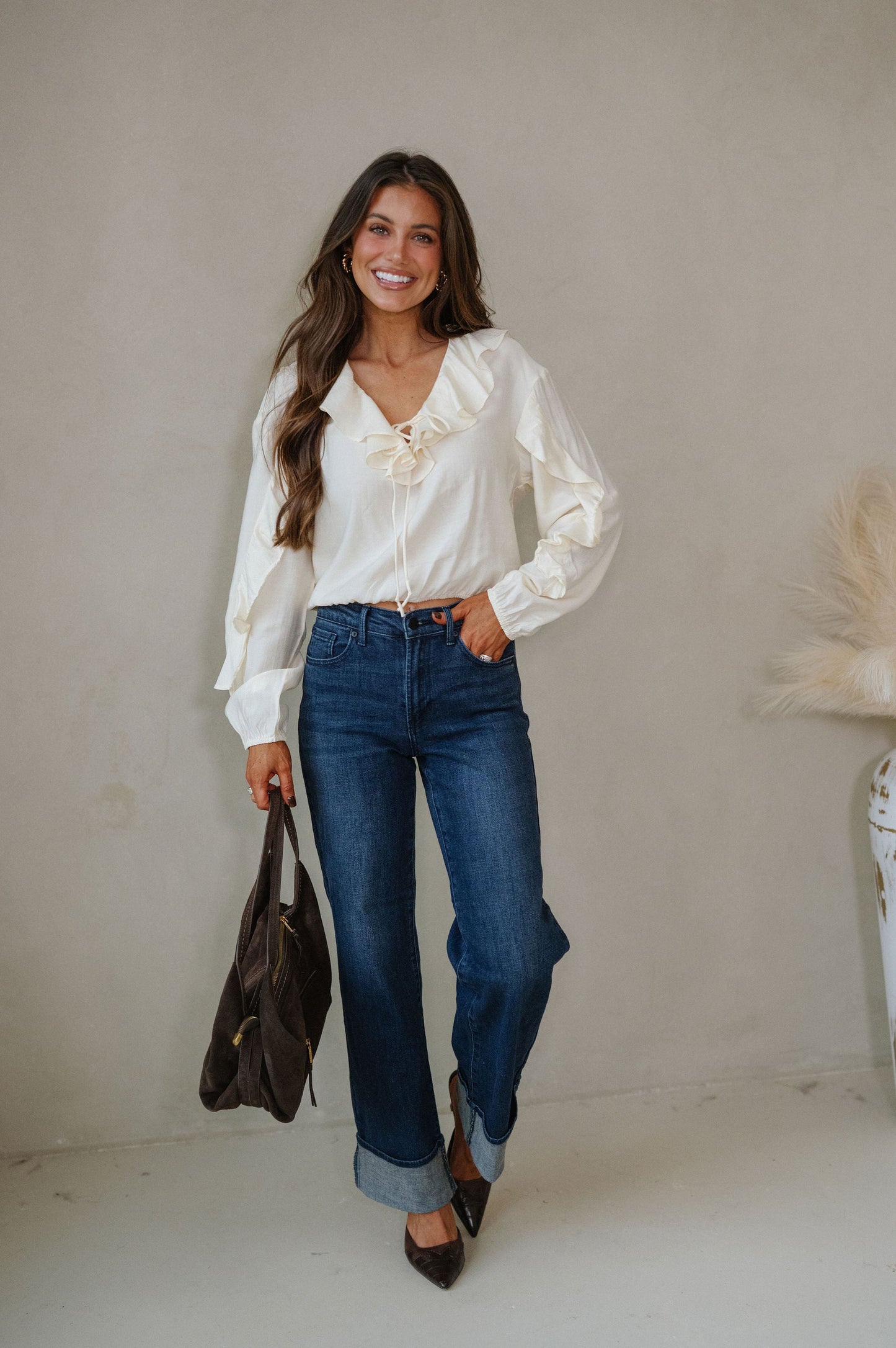 Collared Ruffle Front Tie Blouse-Oat Milk