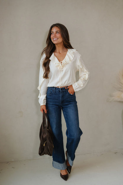 Collared Ruffle Front Tie Blouse-Oat Milk