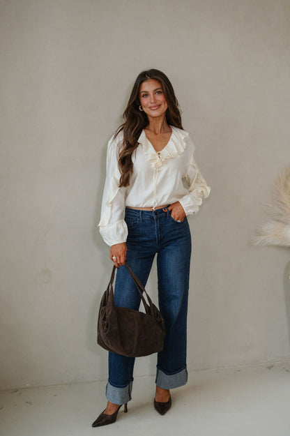 Collared Ruffle Front Tie Blouse-Oat Milk