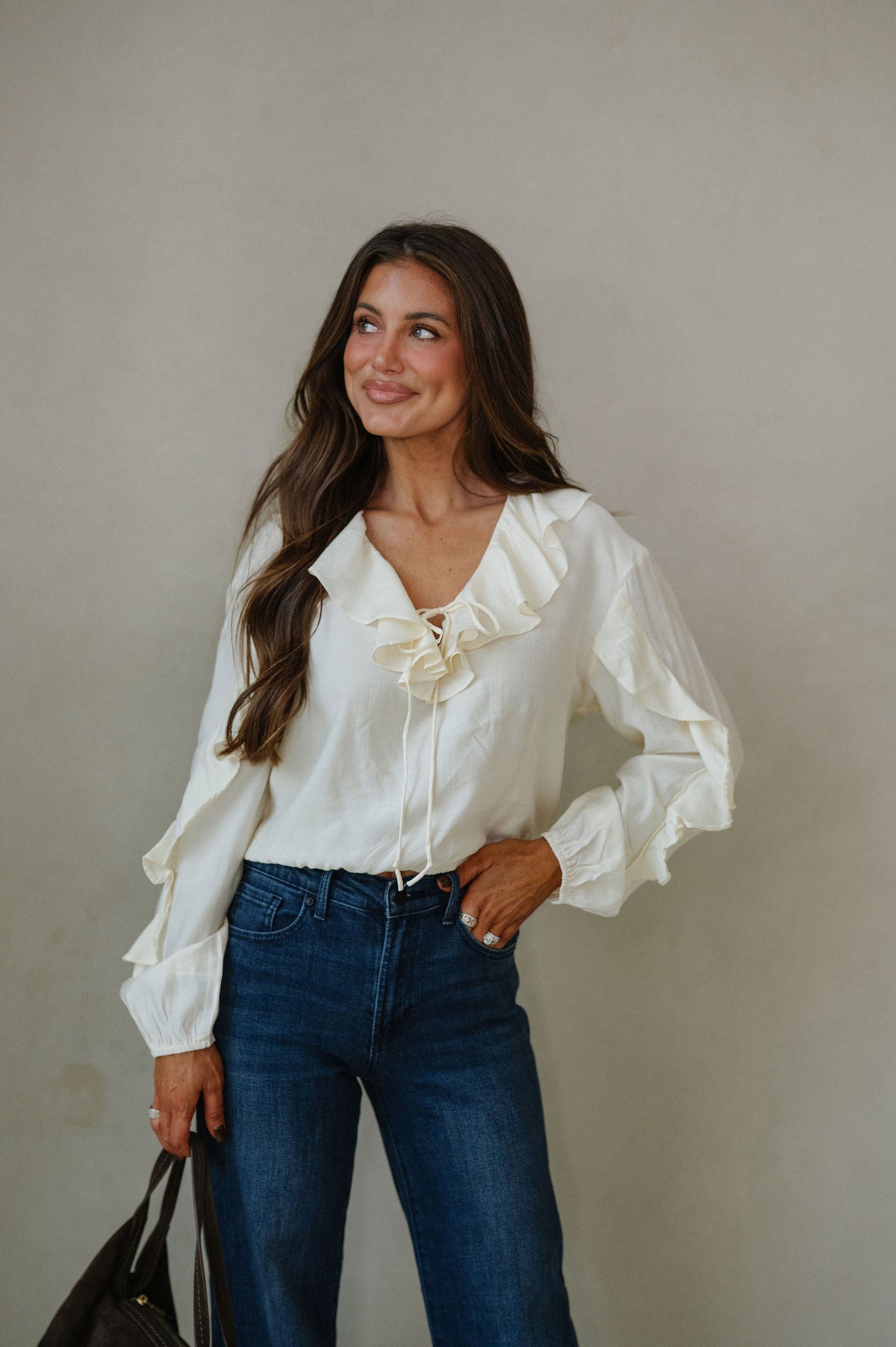 Collared Ruffle Front Tie Blouse-Oat Milk