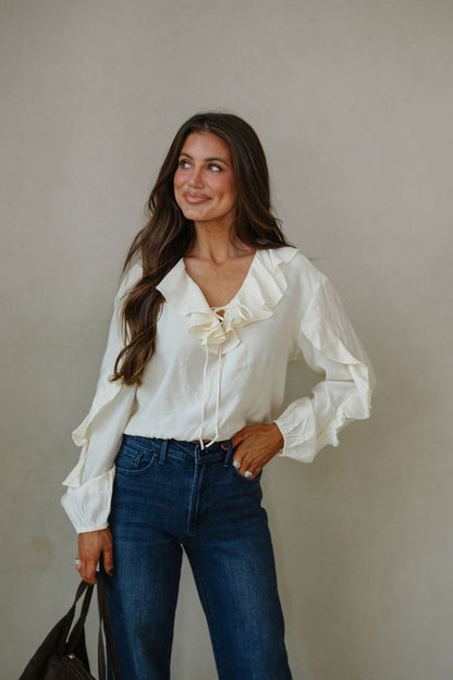 Collared Ruffle Front Tie Blouse-Oat Milk