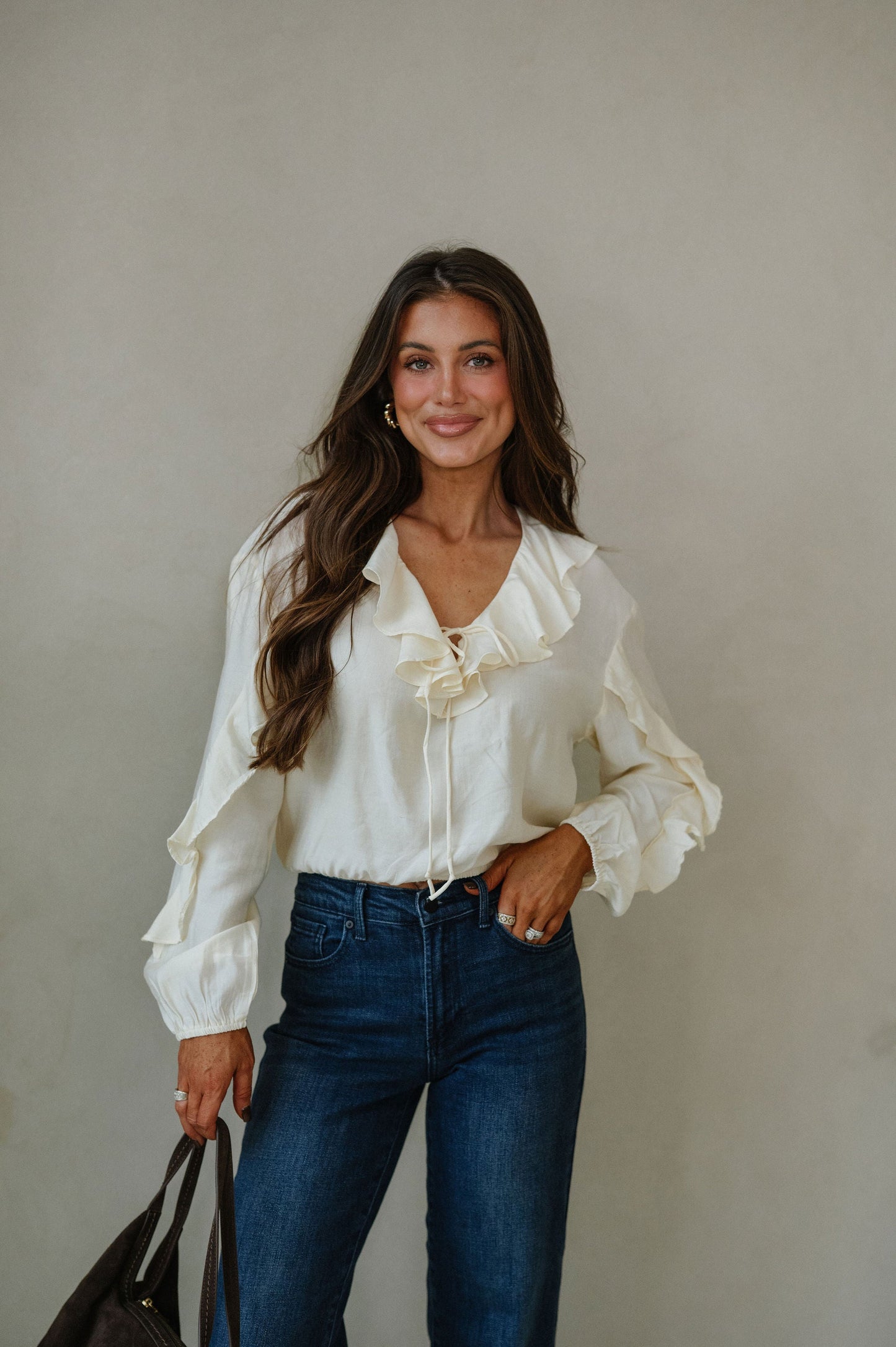 Collared Ruffle Front Tie Blouse-Oat Milk