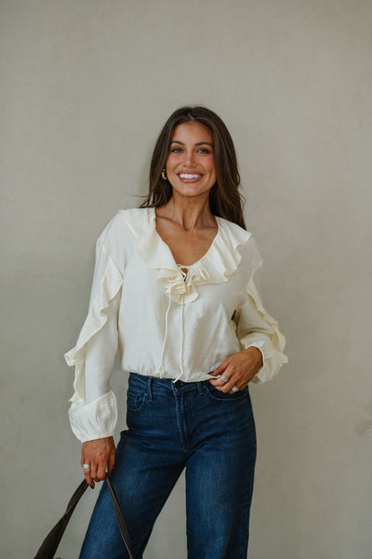 Collared Ruffle Front Tie Blouse-Oat Milk
