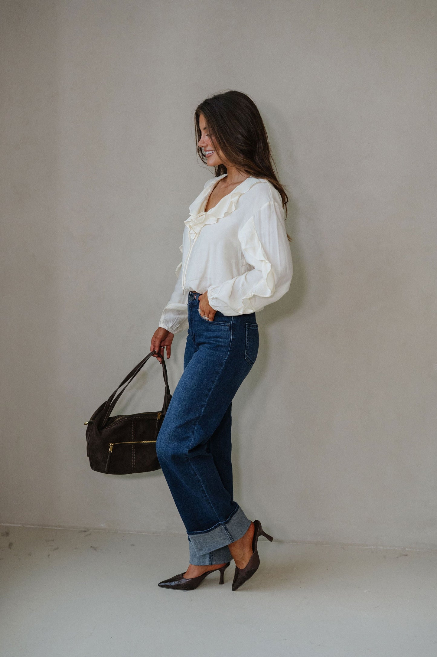Collared Ruffle Front Tie Blouse-Oat Milk