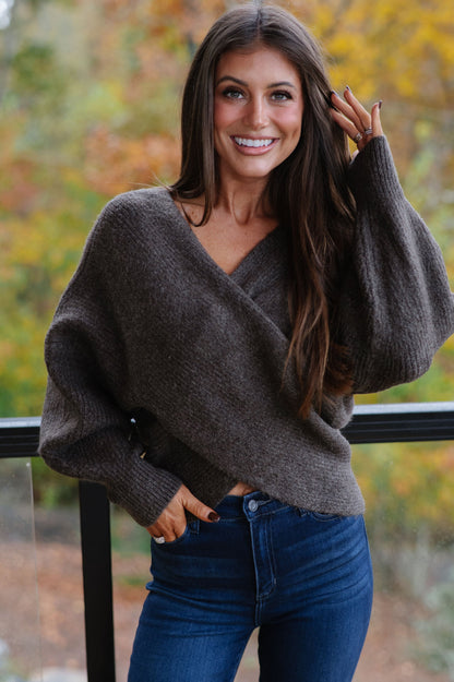 Crossover Ribbed Sweater-Ash Brown