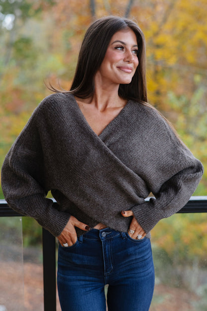 Crossover Ribbed Sweater-Ash Brown