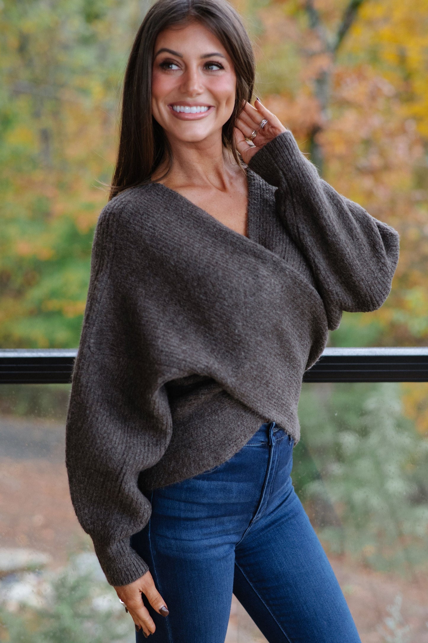 Crossover Ribbed Sweater-Ash Brown