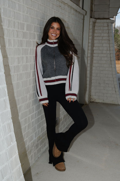 Zip Cardigan-Grey/Burgundy