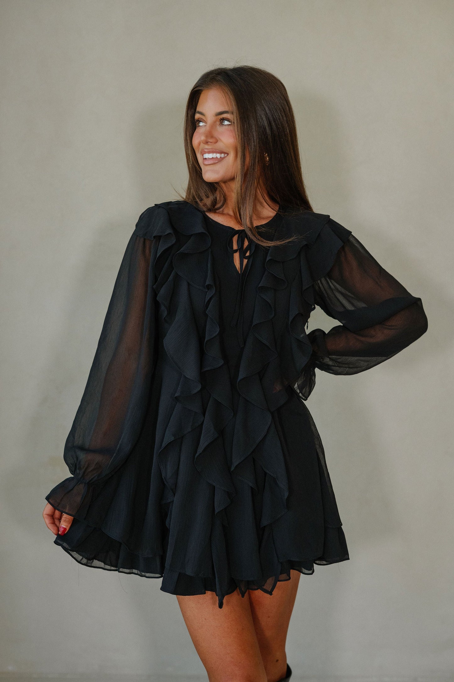 Front Ruffle Dress-Black