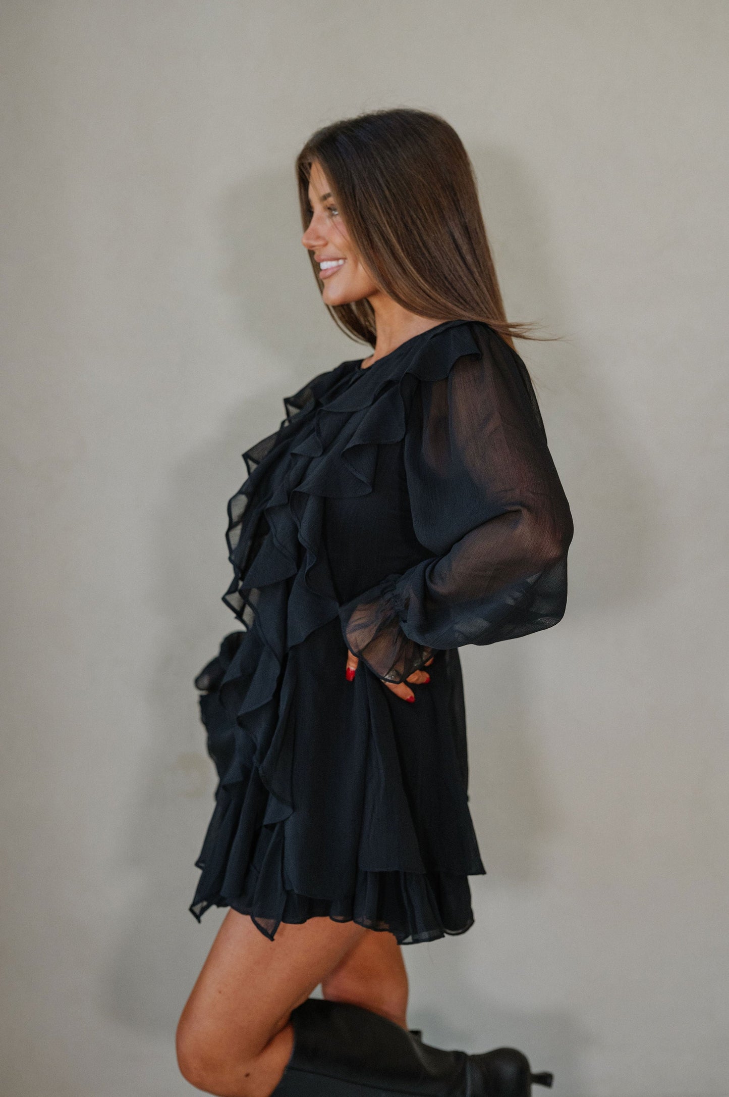 Front Ruffle Dress-Black