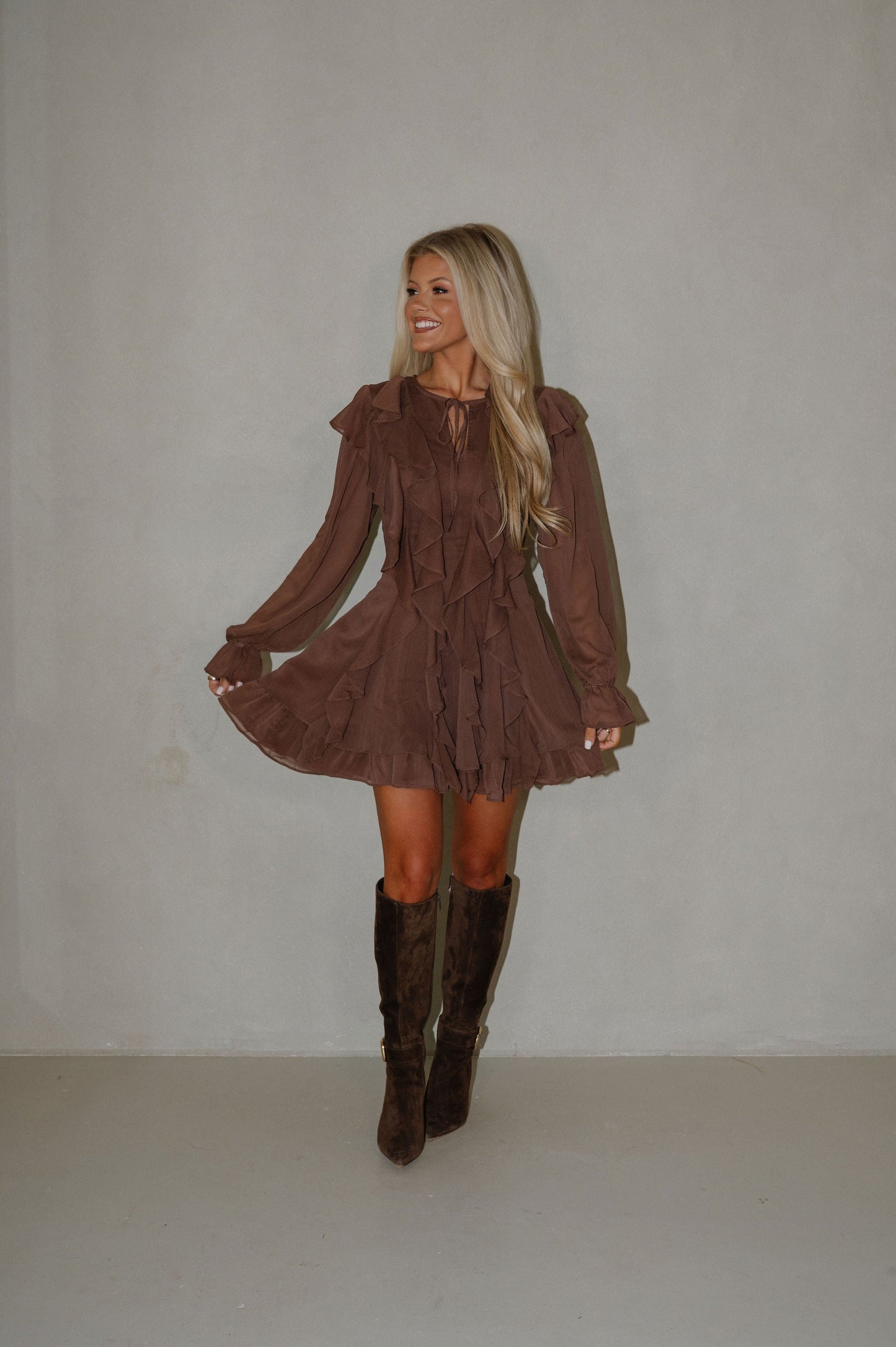 Front Ruffle Dress-Dark Mocha